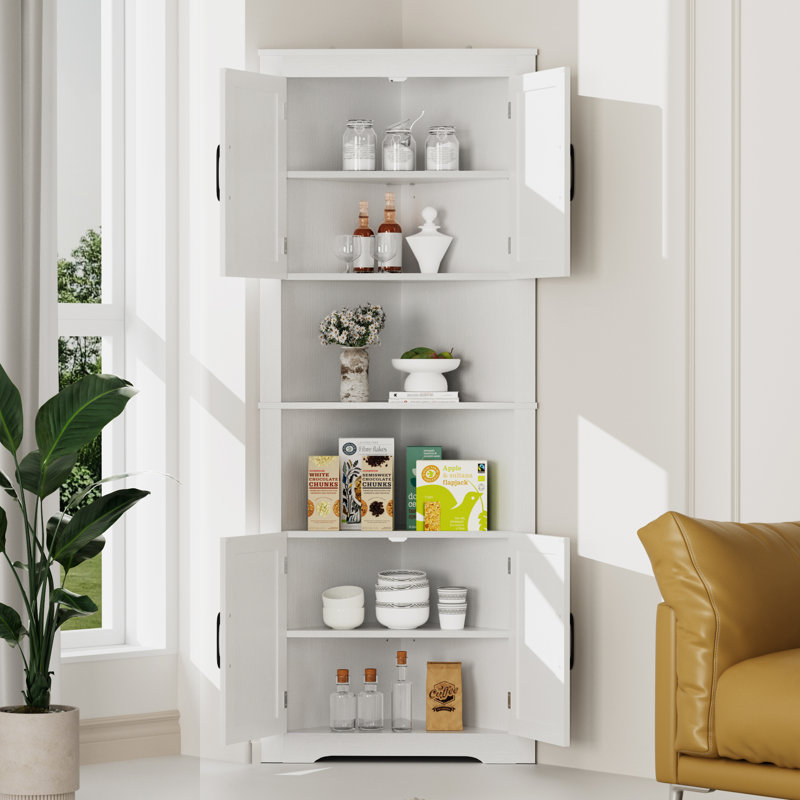 Armoire de rangement en coin Farmhouse, rangement à 6 niveaux avec porte de grange et tablettes, Blanc