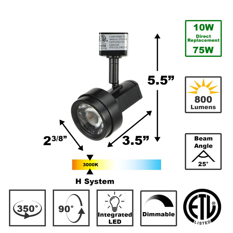 LED Adjustable Track Head, Black, 5.5" H x 2.38" W x 3.5" D, 10 W