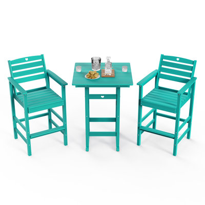 3-Piece Bar Height Patio Table and Chairs Set HDPE Wood Grain Outdoor Bar Table and Chairs with Heart Cutout Design by Red Barrel Studio