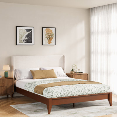 Shiann Queen Bedroom Set, Solid Bamboo Wood Platform Bed Frame & Upholstered Wingback Headboard