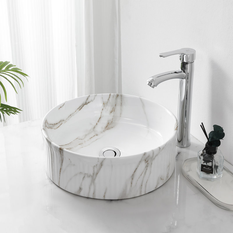 Lavabo vasque de salle de bain rond moderne en céramique cannelée l 14,75 po x P 14,75 po Element, lavabo de comptoir au-dessus du comptoir, effet marbre blanc brillant