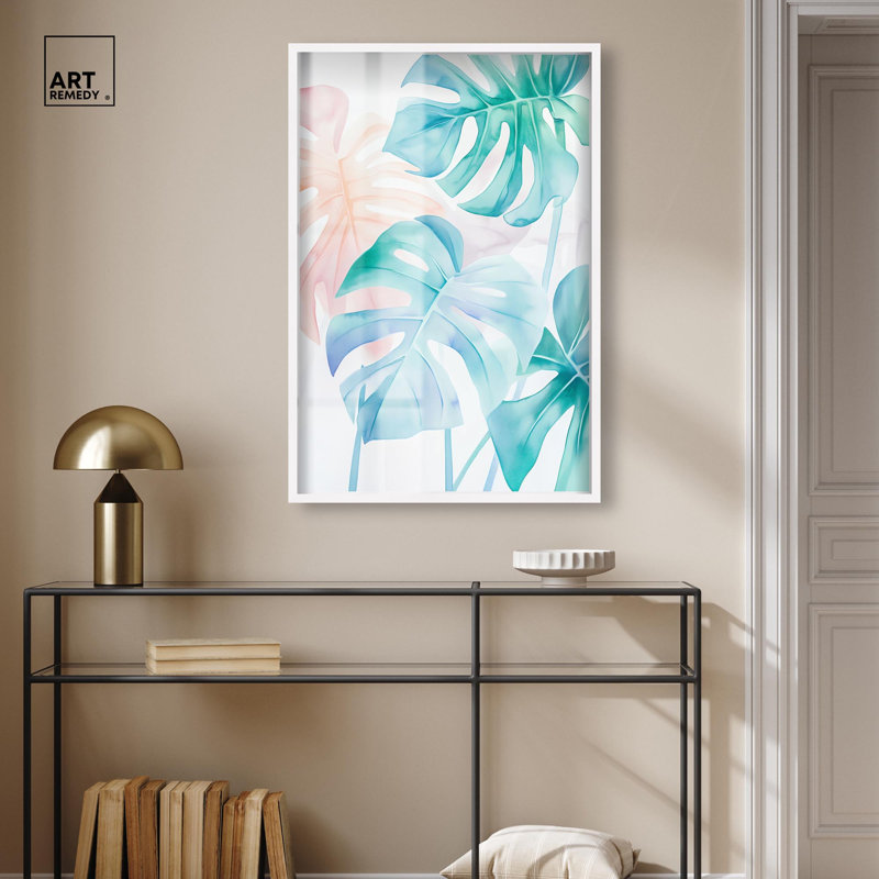 Aquarelle et feuilles de corail Shadowbox, impression murale par Art Remedy, cadre blanc, 24 x 36, H 37 po x l 25 po