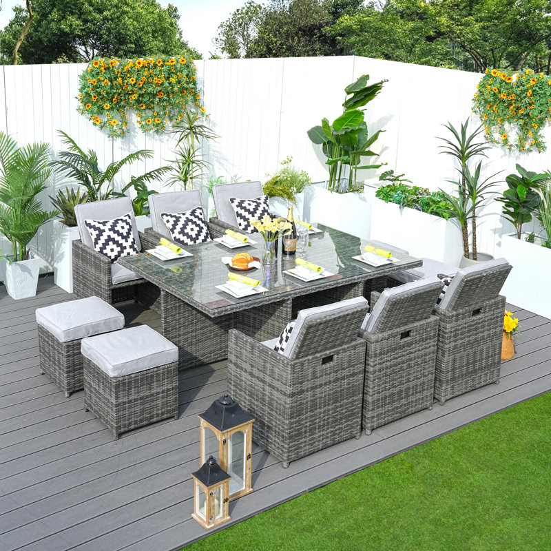 Theone 10 - Person Patio Dining Set with Rectangular Table , Cushions Included, Gray/Light Gray