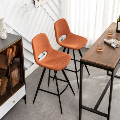 Orange Fabric Kitchen 28.25" Counter Height Stools, Of 2, With Seat And Stable Black Metal Legs - Chairs Leg Support
