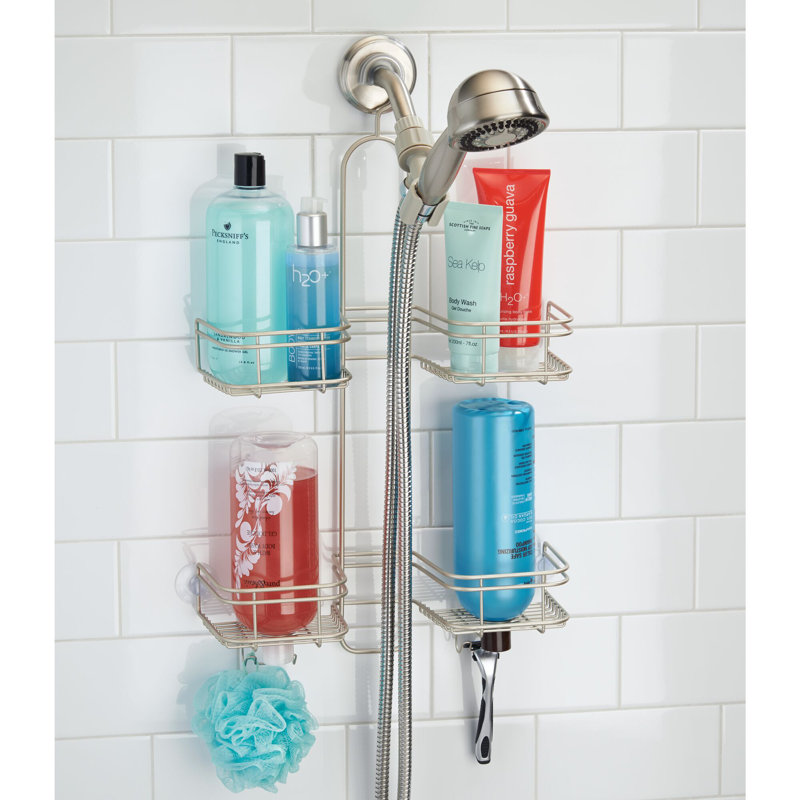 Satin Metal Over Shower Head Hanging Caddy with 4 Compartments