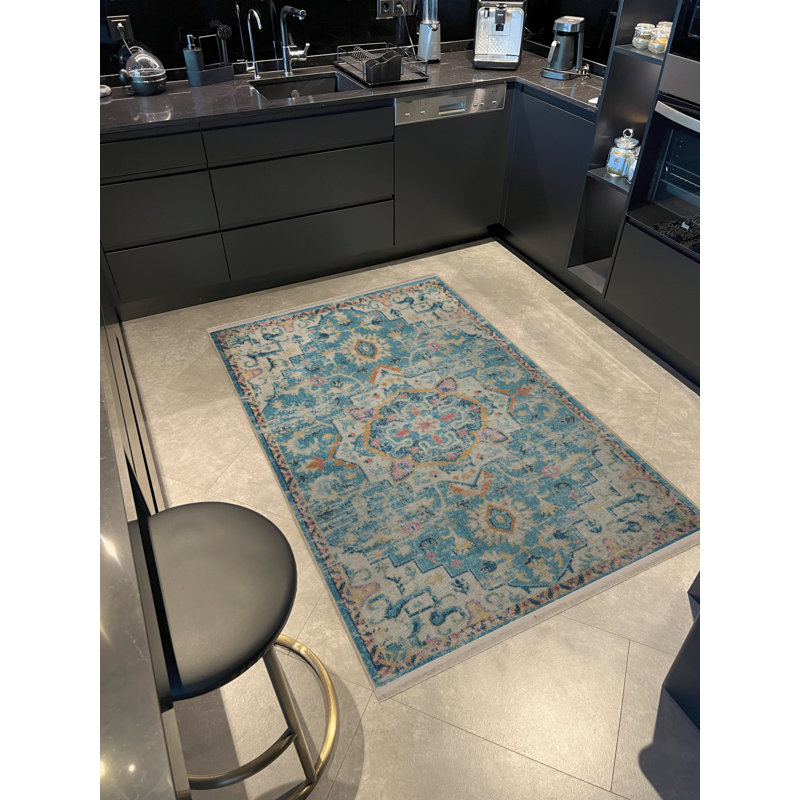 Tapis décoratif rétro multicolore à motif bleu, Rectangle 3 pi 9,81 po x 4 pi 11,06 po