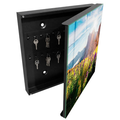 Key storage cabinet, Opens to the left, 30x30x5, Black, Mountain landscape with flowers and sun, 
