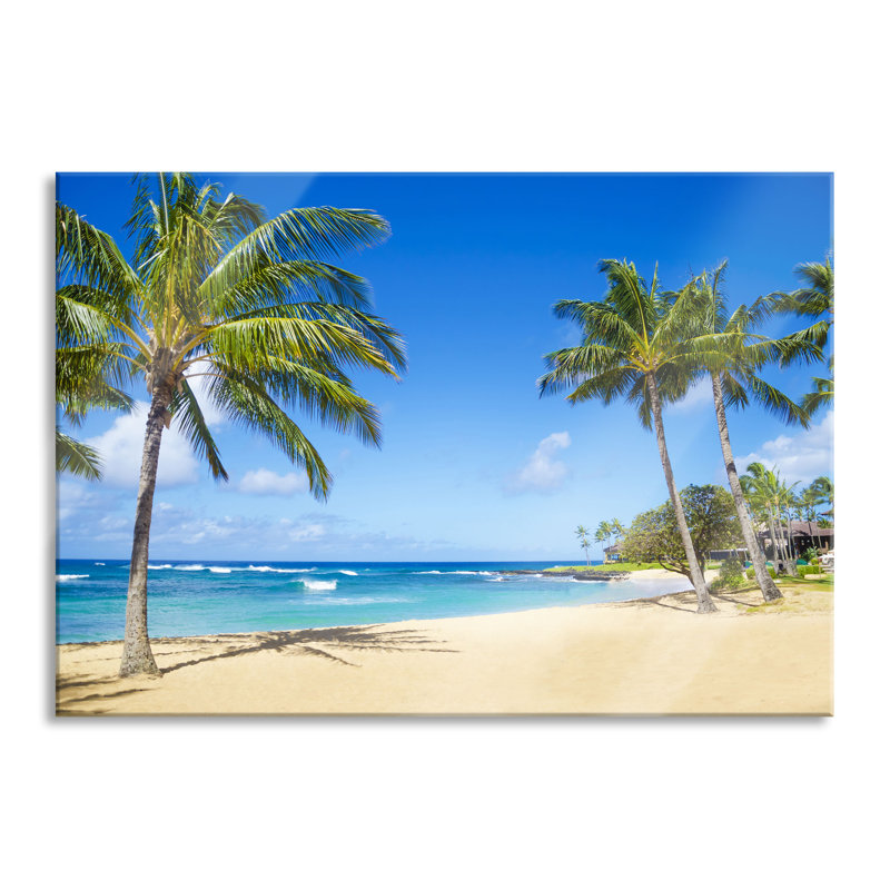 Beautiful Beach With Palm Trees - No Frame Print on Glass, 70cm H x 100cm W