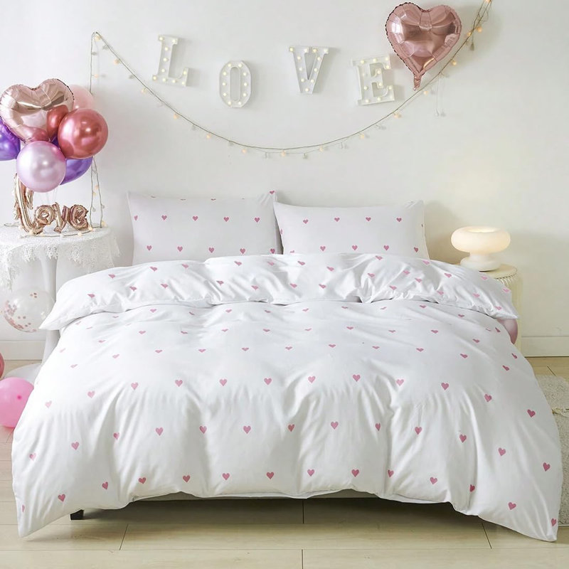 Ensemble de literie à motif de cœur en microfibre blanche avec fermeture à glissière, Rose