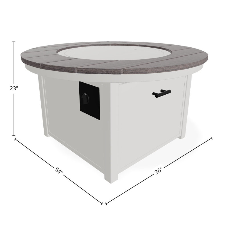 Round Rustic Polymer Fire Table with Propane Shelf, Snow/Laguna