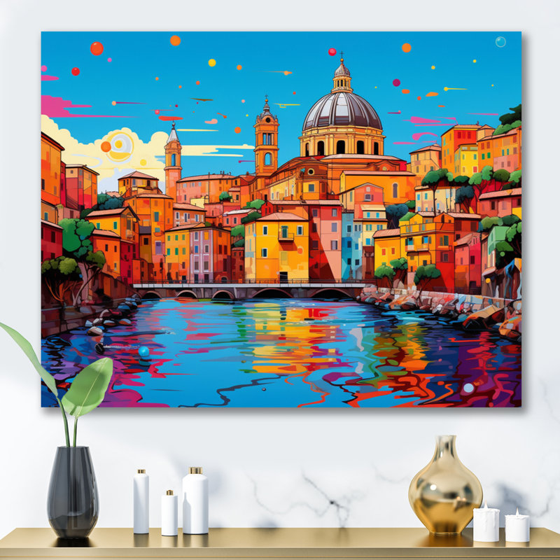 Popart Rome City I, reproduction d'art sur toile, H 24 po x l 32 po x P 1 po, Encadrement doré