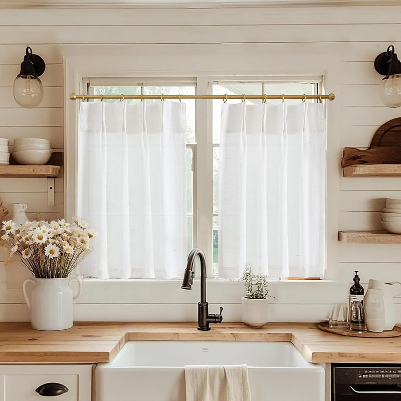 Linen Pinch Pleated Kitchen Curtains Tier Curtains Light Filtering Small Window Drapes for Kitchen, 26" W x 30" L, Off White