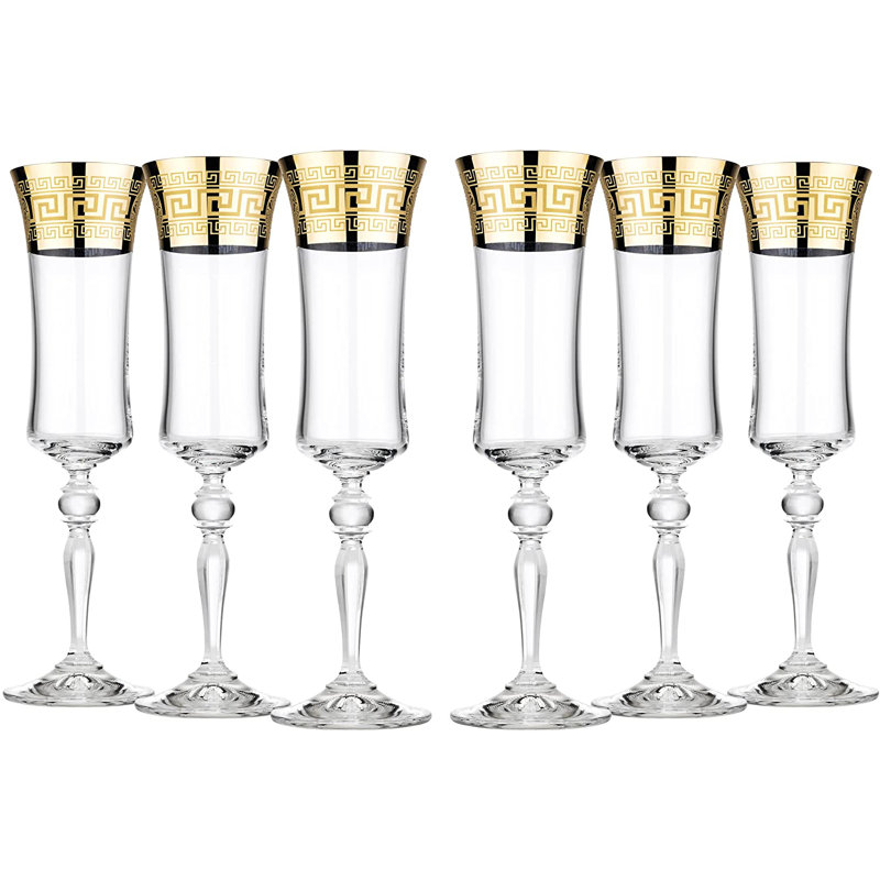 Versailles Gold-Plated Lead-Free Crystal Champagne Flute Set, 6oz, Set of 6