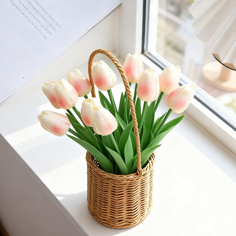 Bouquet de 10 tulipes artificielles, tiges de tulipes en polyuréthane 13,4 po Real Touch Simulation, Champagne