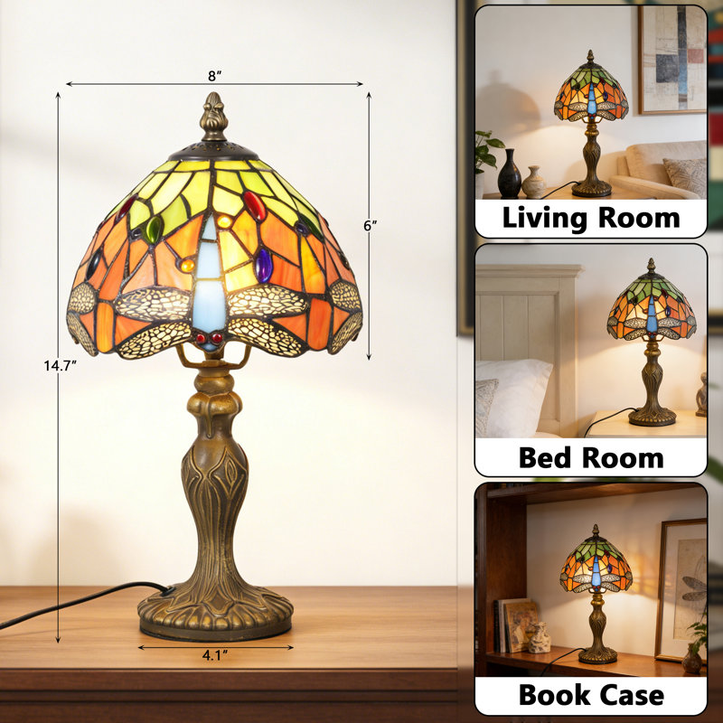 Vintage Tiffany Dragonfly Table Lamp, Stained Glass Shade & Antique Bronze Resin Base, E26 Warm Light Bulb Included