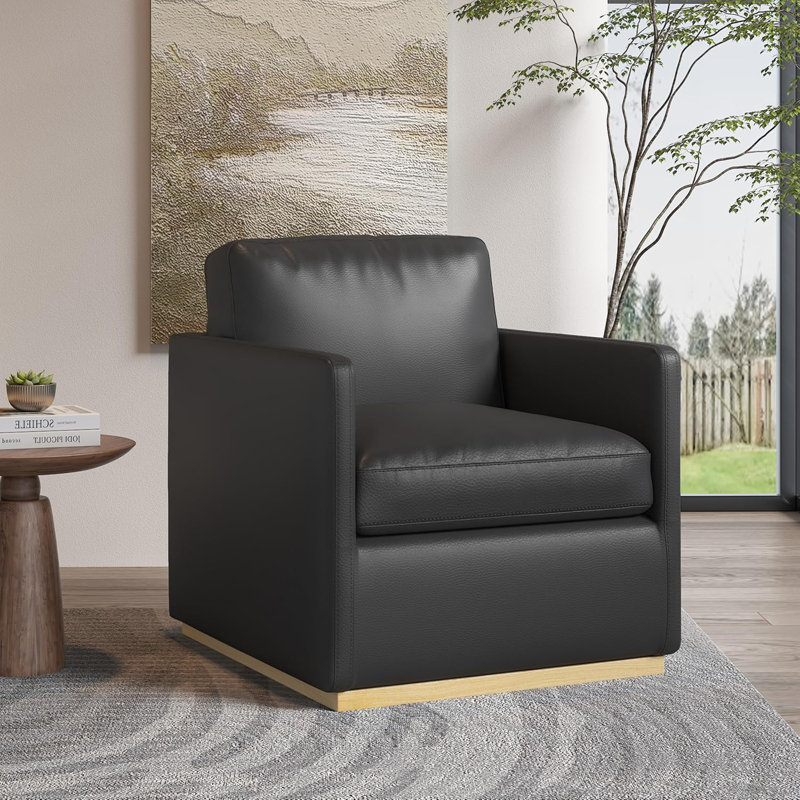  Ebern Designs Premium Barrel Swivel Chair, Black Faux Leather