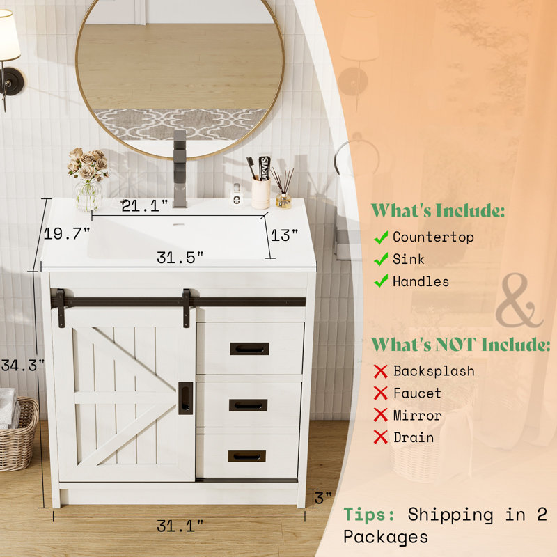 31" Sliding Barn Door Bathroom Vanity with Sink,  Farmhouse Small Single Bathroom Vanity Set, White