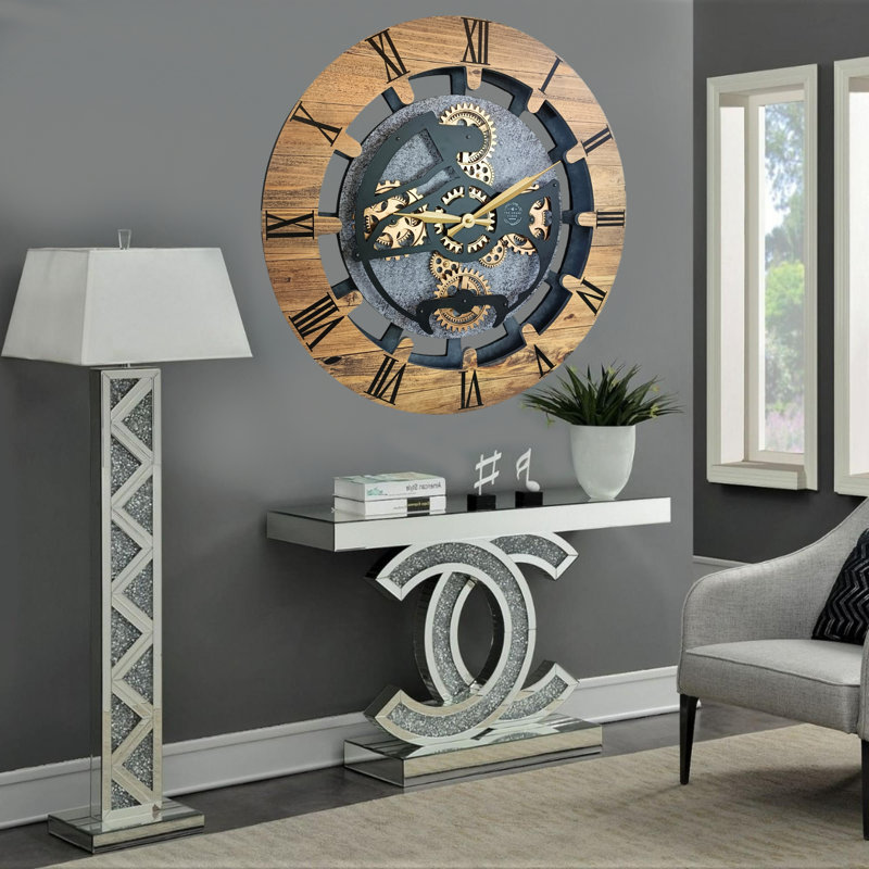 Wall Clock 24" Round Oversized for Living Room decor with Real Moving Gears Canada Collection, Wood Stone