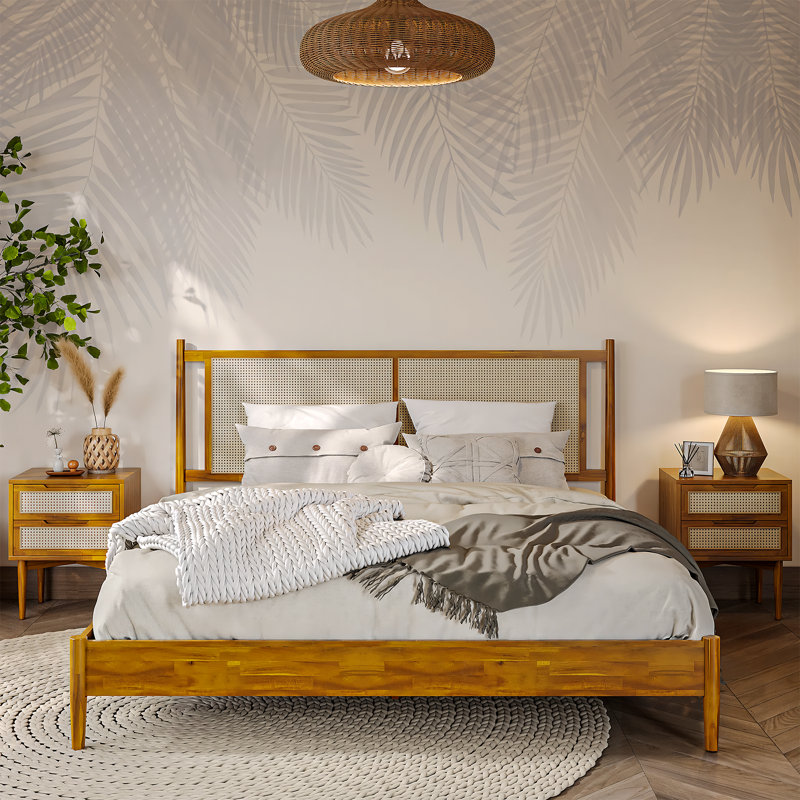 Oliver Solid Wood Platform Bed with Rattan Headboard , King, Caramel