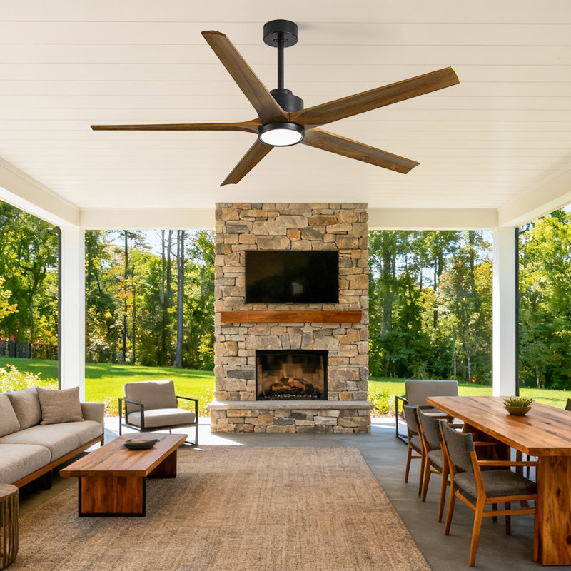 5 Blade Solid Wood Ceiling Fan With Light, Black, 60", Walnut