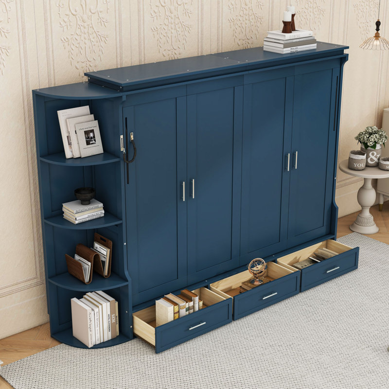Lit escamotable en bois avec 3 tiroirs et tablettes ouvertes, Full, Bleu