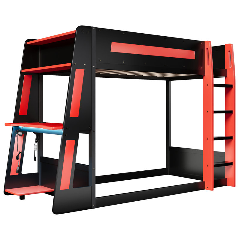 Lit superposé avec bureau Evara, tablettes de rangement, ports USB et éclairage à DEL Evara, Simple sur simple, Noir / Rouge