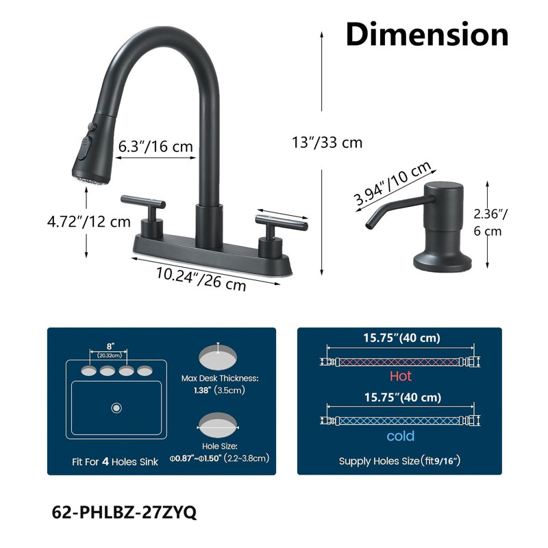 Robinet de lavabo Mosson noir mat avec douchette extractible, fonction pause et distributeur de savon