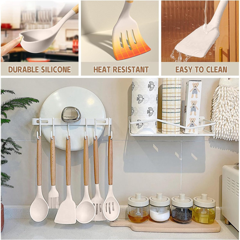 Ensemble d'ustensiles de cuisine Chef Kitchen, ensemble de 33 ustensiles de cuisine antiadhésifs en silicone avec support, ensemble d'ustensiles de cuisine en silicone à poignée en bois (kaki)