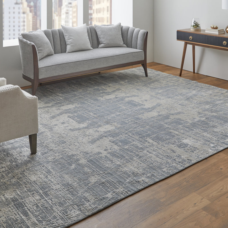 Tapis gris abstrait en viscose tissé à la main, Rectangle 8 pi x 10 pi