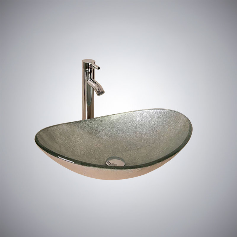 Aegina Oval Bathroom Glass Sink Set by BathSelect – Tempered Glass Basin with Chrome Faucet and Drain