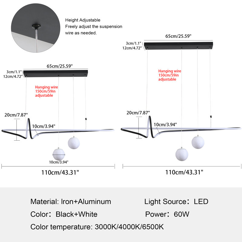 Luminaire suspendu pour îlot de cuisine à 3 lumières DEL noires Jozaiah