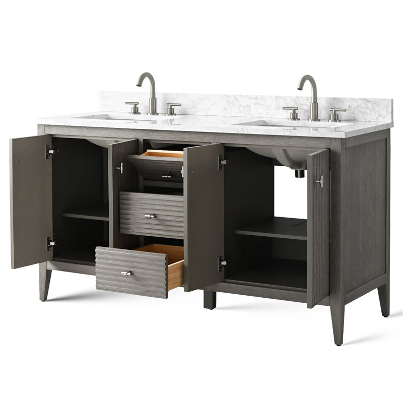 Ensemble de meuble-lavabo double 60 po, Nickel brossé, Gris flottant linéaire