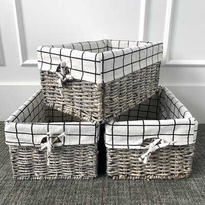 Hand Woven Rectangle Maize Storage Basket - Set Of 3 - Cream Check Liner -  Rosecliff Heights, 79A1C7EFA7E24900967CCCFE3D5E6966