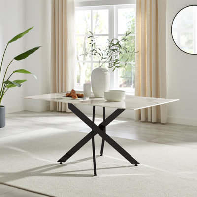 Chanden Luxury Marble Effect Glass 6 Seater Dining Table - Modern Statement Design