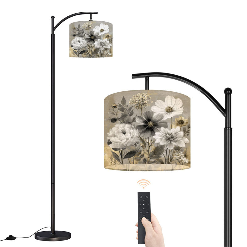 Lampe sur pied à arc avec abat-jour réglable Vintage Black White Floral Golden Grey