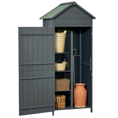 Outsunny Wooden Outdoor Storage Shed Lockable Double Doors Shelves Grey