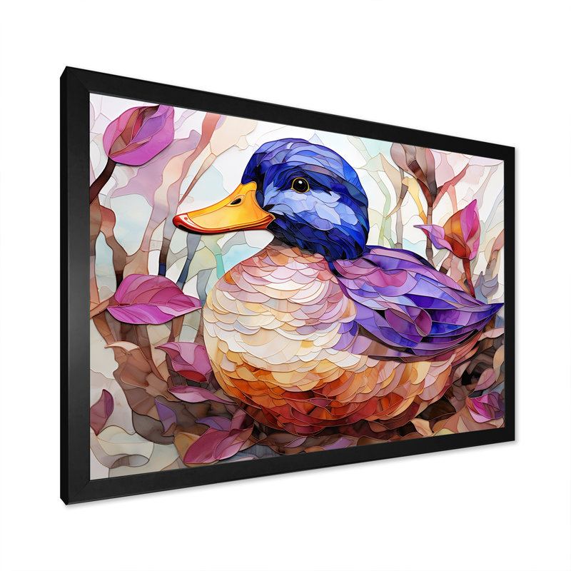 Canard beige et mauve dans un pré - art mural canard, Cadre d'angle fermé noir, H 24 po x l 32 po x P 1 po