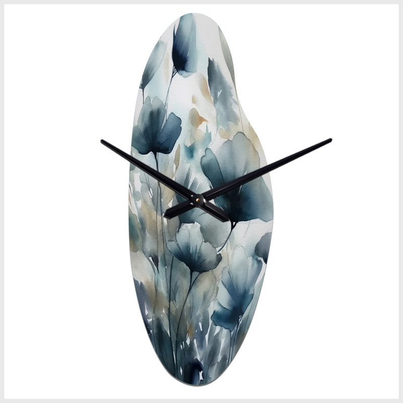 Blue Leaf Foliage And Flowers III - Curved Shape Large Leaves 3D Wall Clock, Medium