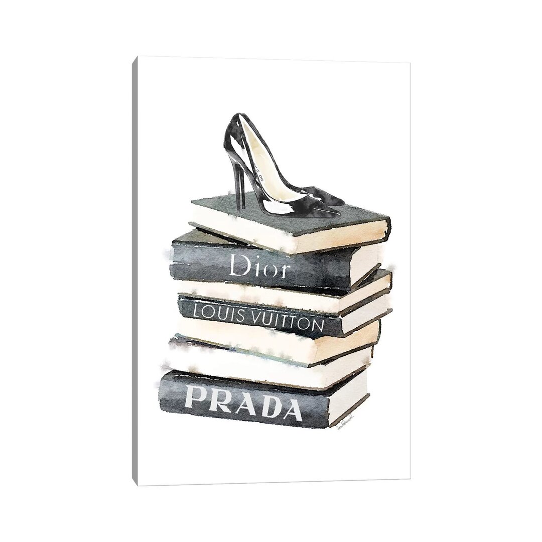 Leinwandbild - Gemälde „Tall Stack of Fashion Books with Heels” von Amanda Greenwood