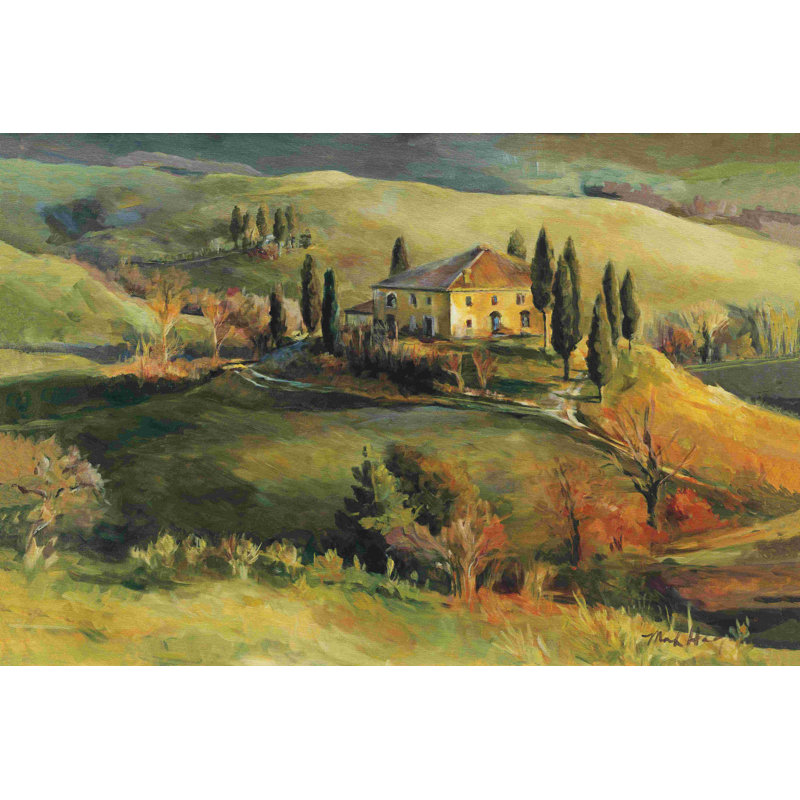 «Tuscan Hillside» par Marilyn Hageman - Peinture, H 32 po x l 48 po, Non, Cadre flottant doré