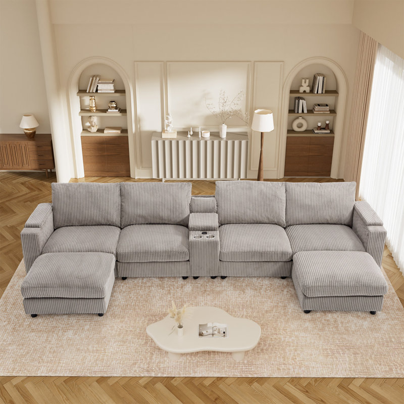  153.5" U Shaped Corduroy Sectional with Console USB Cup Holders Storage 4 Accent Pillows, Gray
