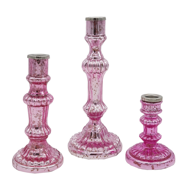 Lemu Luminary Treasures Candle Holder Set Of 3, Pink Ornate Iron, Pink