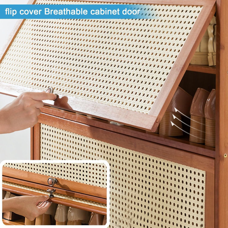 Bamboo Shoe Rack with Rattan Door and 5 Rows