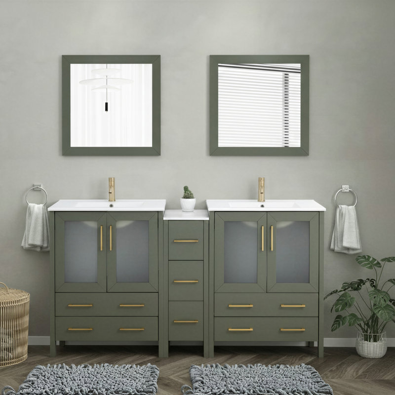 Meuble-lavabo double 72 po avec plateau et miroir, Vert rétro