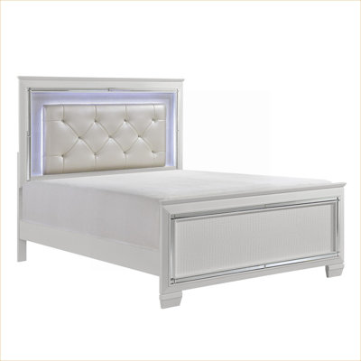 Clean White Queen Size Bed Frame Button-Tufted LED Headboard Wood Construction with Faux Alligator Embossed Textured Panels