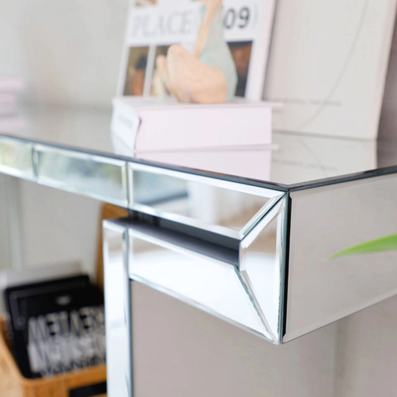 Console à miroir de 60 pouces de style luxueux, forme de bureau triangulaire, + matériau principal en verre, livré dans un emballage rectangulaire renforcé, surface réfléchissante, installation d'outils,