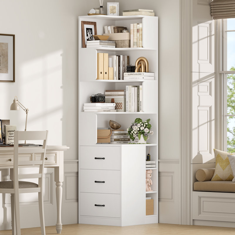Corner Bibliothèque d'angle avec 3 tiroirs 📐 76,8 ", tablette en L à 7 niveaux, peu encombrante pour les petits espaces, les appartements et les bureaux