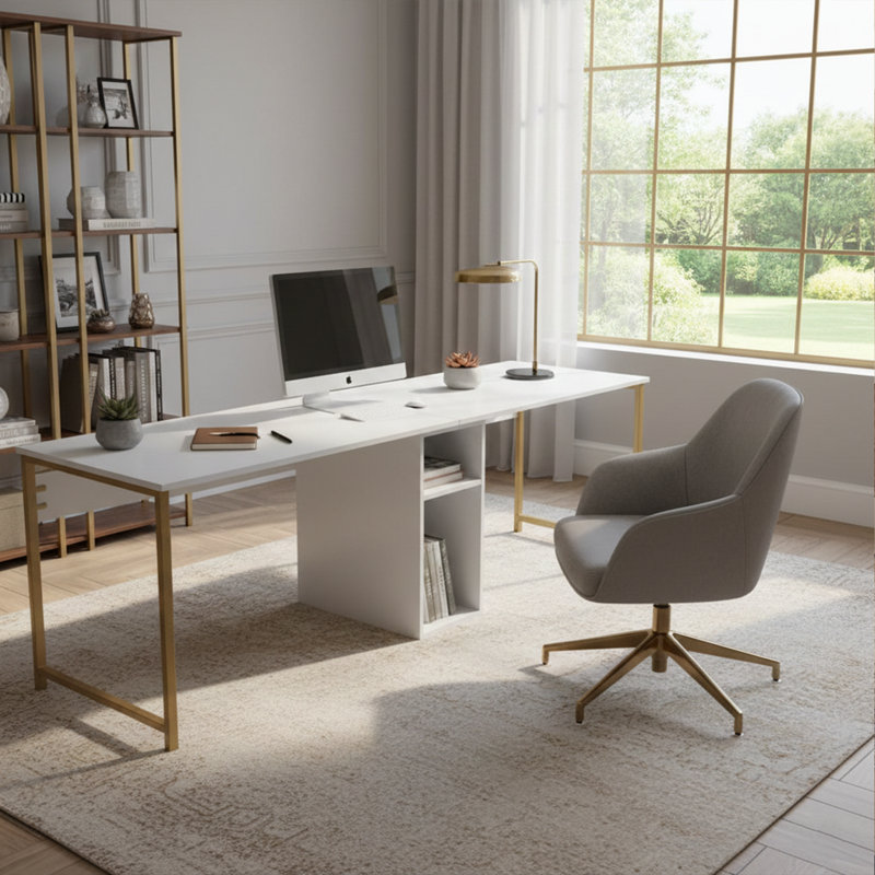Bureau d'étude 95 po pour 2 personnes, Blanc / Doré