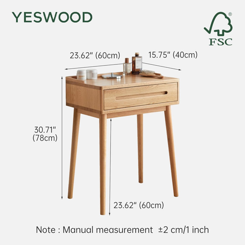 Lumi 23.6"W Compact Modern Small Oak Makeup Vanity With Storage Drawer, No