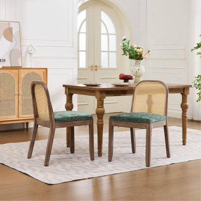 Set of 2 Curved Arched Cane Back Dining Chairs,Mid Century Farmhouse Side Chairs,Distressed Solid Wood Frame,Chenille Cushion with S-Spring and Sponge,Armless Accent Chairs for Kitchen